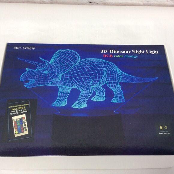 Dinosaur Night Light 3D Illusion Triceratops 7 Changing Colors Lamp w/Black Base - Picture 7 of 7